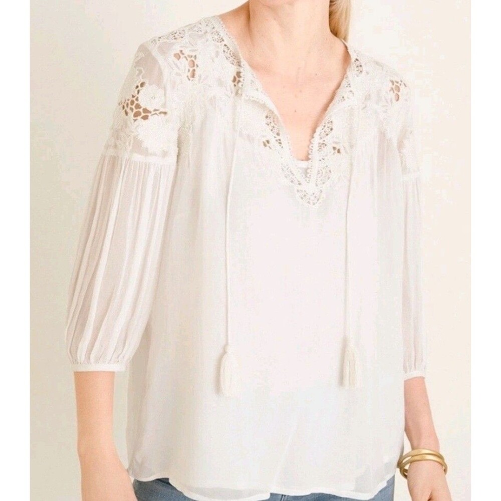 Chico's White Lace Yoke Peasant Blouse